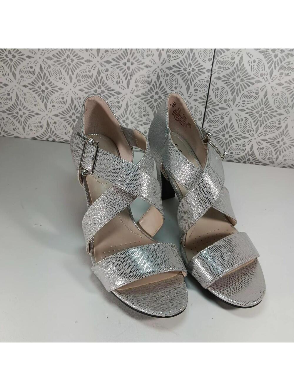 LifeStride Carlyle Sandals Womens 6.5 W Heeled Open Toe Ankle Strappy Silver